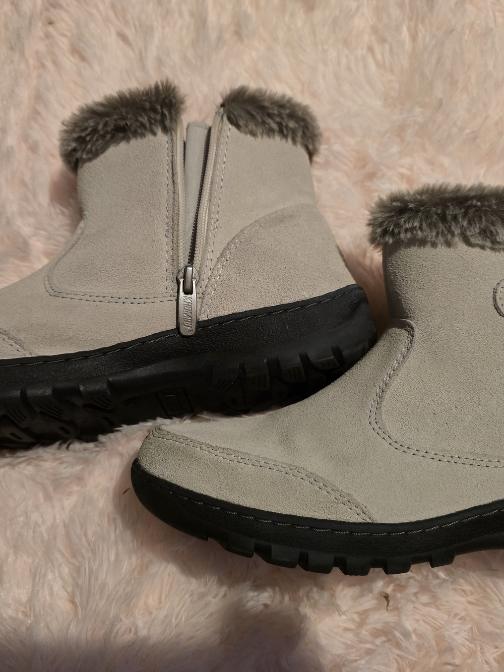 Khombu Light Taupe Faux-Suede Ankle Winter Boots with Faux-Fur Trim
